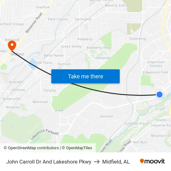 John Carroll Dr And Lakeshore Pkwy to Midfield, AL map