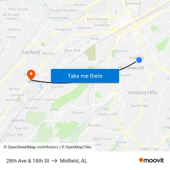 28th Ave & 18th St to Midfield, AL map