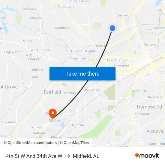 4th St W And 34th Ave W to Midfield, AL map
