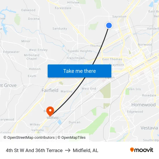 4th St W And 36th Terrace to Midfield, AL map