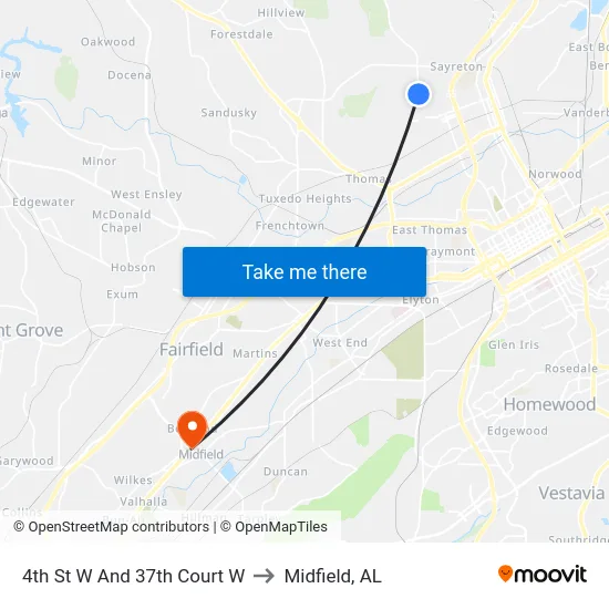 4th St W And 37th Court W to Midfield, AL map
