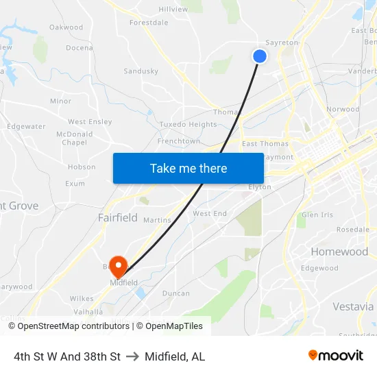 4th St W And 38th St to Midfield, AL map