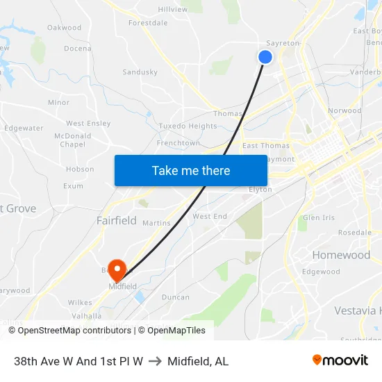 38th Ave W And 1st Pl W to Midfield, AL map