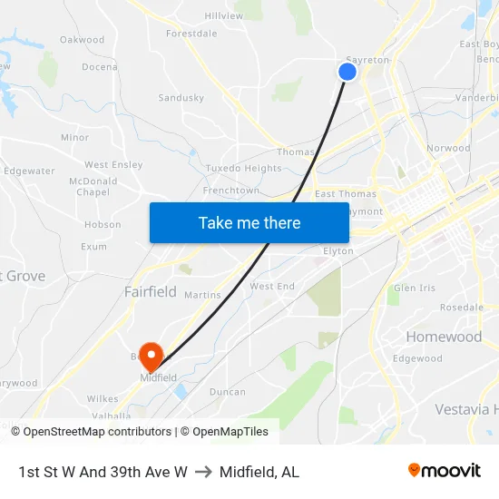1st St W And 39th Ave W to Midfield, AL map