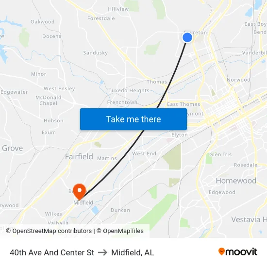 40th Ave And Center St to Midfield, AL map