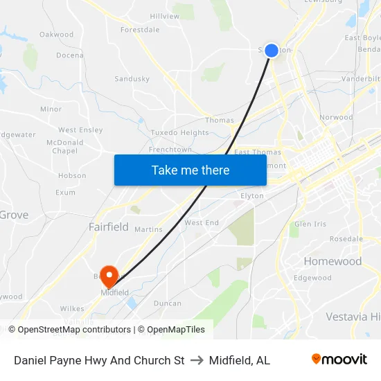 Daniel Payne Hwy And Church St to Midfield, AL map