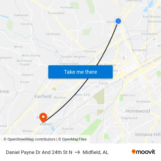 Daniel Payne Dr And 24th St N to Midfield, AL map