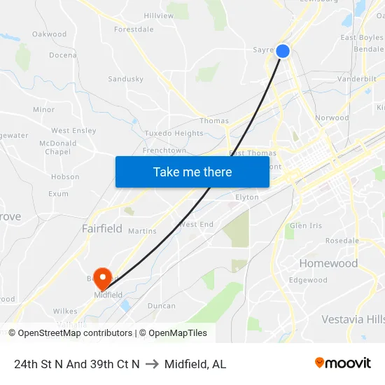 24th St N And 39th Ct N to Midfield, AL map