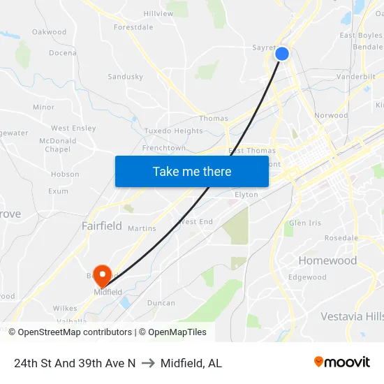 24th St And 39th Ave N to Midfield, AL map