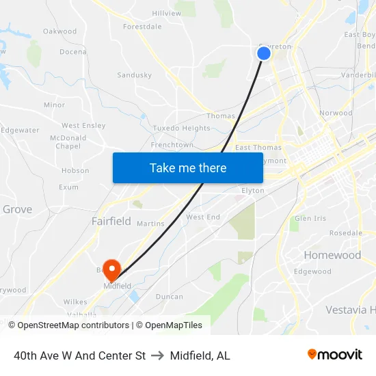 40th Ave W And Center St to Midfield, AL map