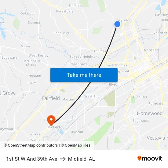 1st St W And 39th Ave to Midfield, AL map
