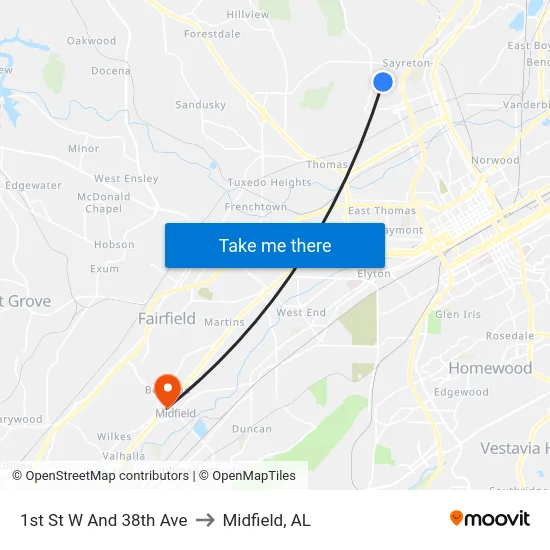 1st St W And 38th Ave to Midfield, AL map