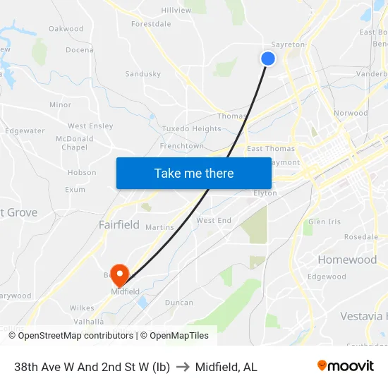 38th Ave W And 2nd St W (Ib) to Midfield, AL map