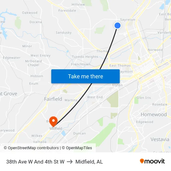 38th Ave W And 4th St W to Midfield, AL map