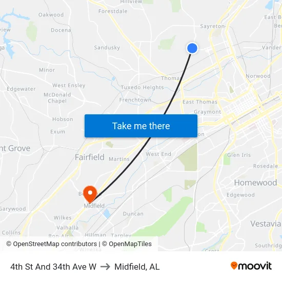 4th St And 34th Ave W to Midfield, AL map