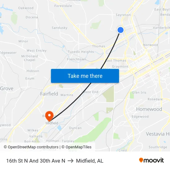 16th St N And 30th Ave N to Midfield, AL map
