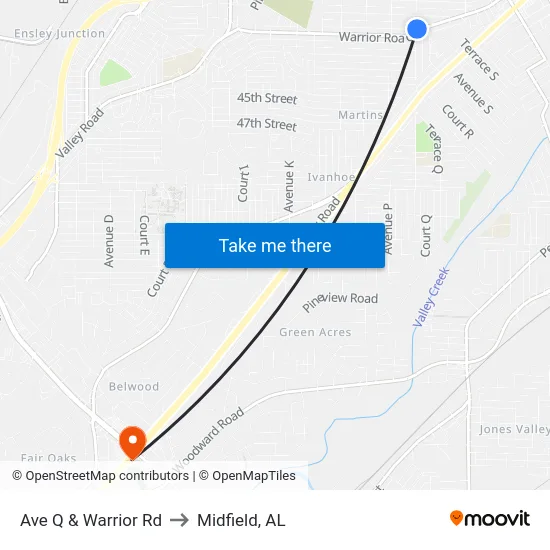 Ave Q & Warrior Rd to Midfield, AL map