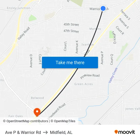 Ave P & Warrior Rd to Midfield, AL map