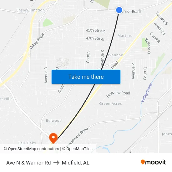 Ave N & Warrior Rd to Midfield, AL map