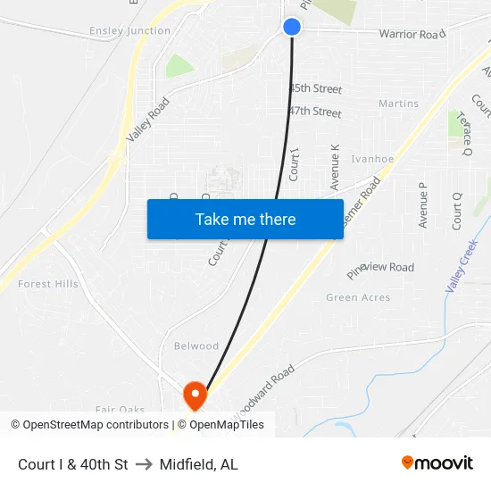 Court I & 40th St to Midfield, AL map