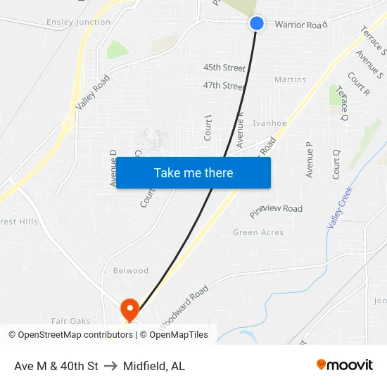 Ave M & 40th St to Midfield, AL map