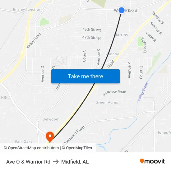 Ave O & Warrior Rd to Midfield, AL map