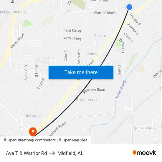 Ave T & Warrior Rd to Midfield, AL map