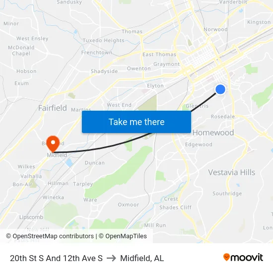 20th St S And 12th Ave S to Midfield, AL map