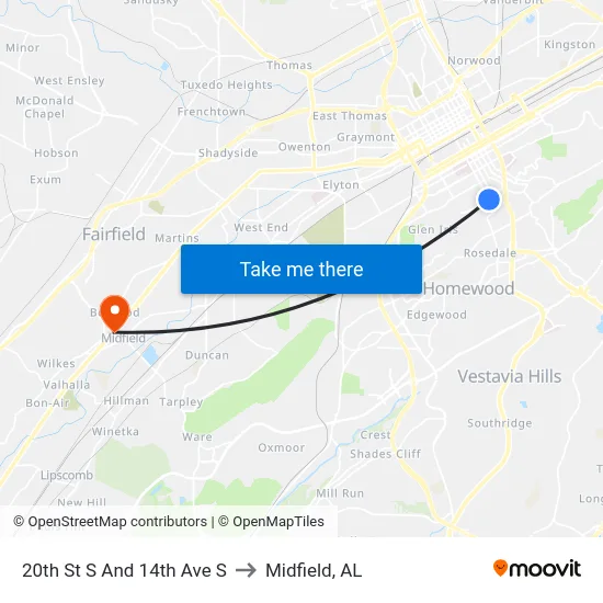 20th St S And 14th Ave S to Midfield, AL map