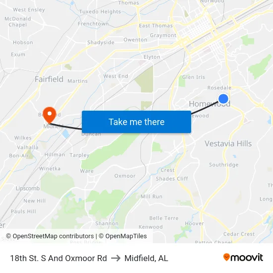 18th St. S And Oxmoor Rd to Midfield, AL map
