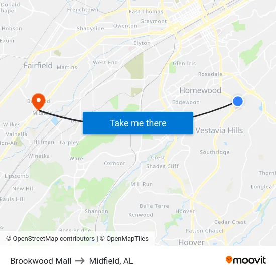 Brookwood Mall to Midfield, AL map