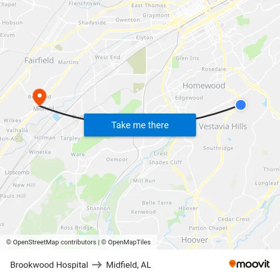 Brookwood Hospital to Midfield, AL map