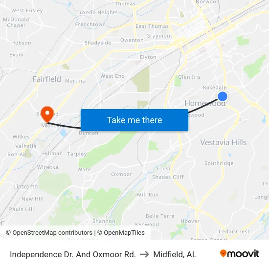 Independence Dr. And Oxmoor Rd. to Midfield, AL map