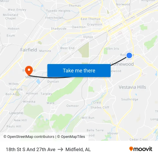 18th St S And 27th Ave to Midfield, AL map