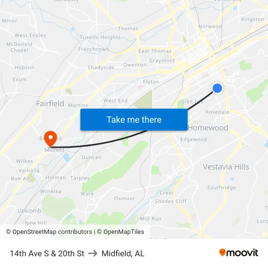 14th Ave S & 20th St to Midfield, AL map