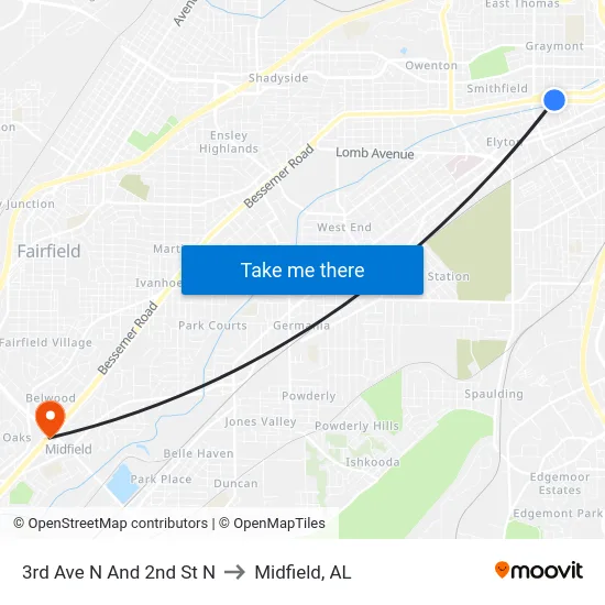 3rd Ave N And 2nd St N to Midfield, AL map