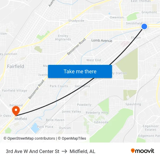 3rd Ave W And Center St to Midfield, AL map