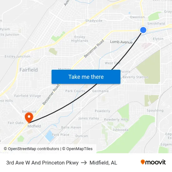 3rd Ave W And Princeton Pkwy to Midfield, AL map