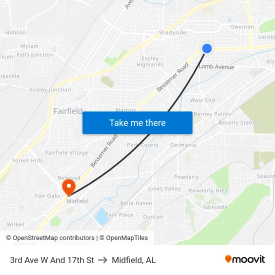 3rd Ave W And 17th St to Midfield, AL map
