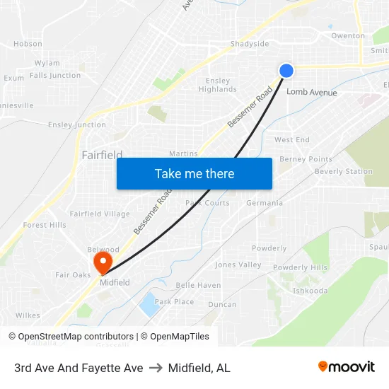 3rd Ave And Fayette Ave to Midfield, AL map
