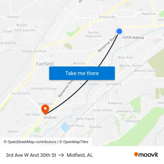 3rd Ave W And 30th St to Midfield, AL map