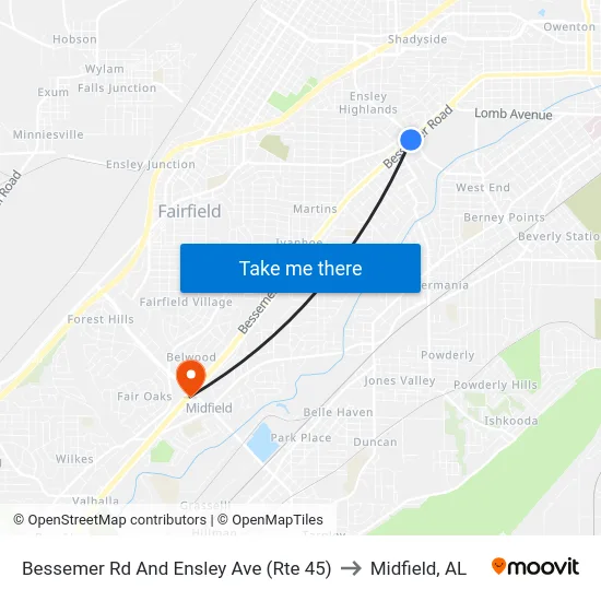 Bessemer Rd And Ensley Ave (Rte 45) to Midfield, AL map