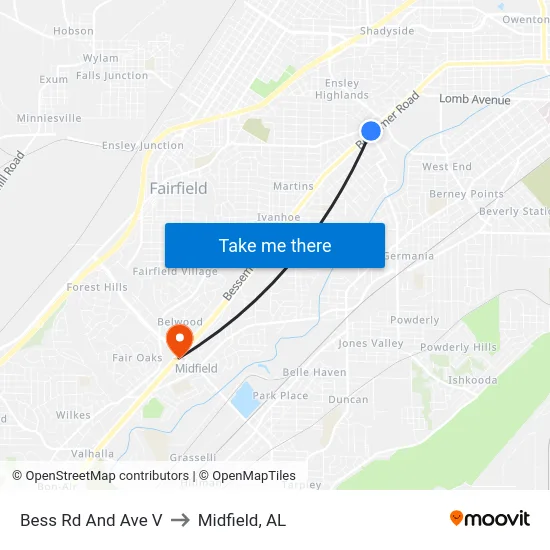 Bess Rd And Ave V to Midfield, AL map