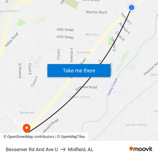 Bessemer Rd And Ave U to Midfield, AL map
