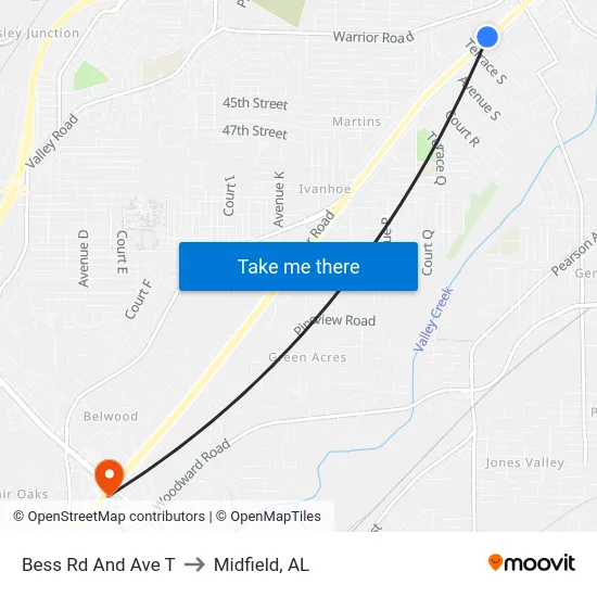 Bess Rd And Ave T to Midfield, AL map