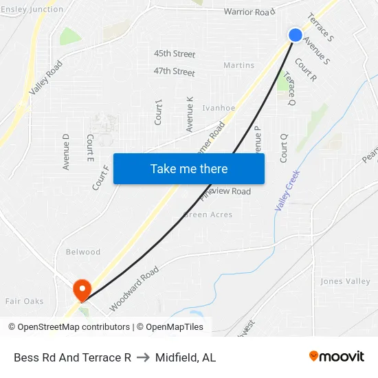 Bess Rd And Terrace R to Midfield, AL map