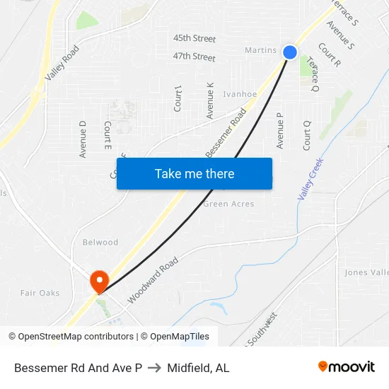 Bessemer Rd And Ave P to Midfield, AL map
