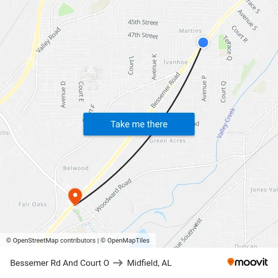 Bessemer Rd And Court O to Midfield, AL map