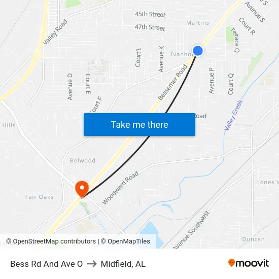 Bess Rd And Ave O to Midfield, AL map