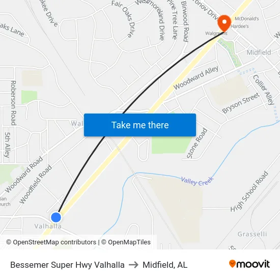 Bessemer Super Hwy Valhalla to Midfield, AL map